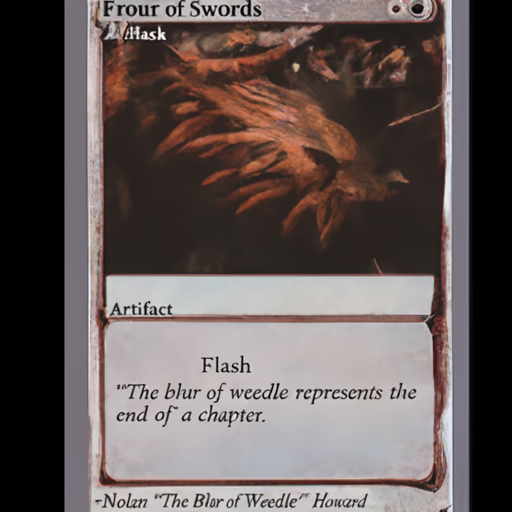 [Description] A card back for a Magic: The Gathering card. The card is an artifact with a black background, and the card name is The Blur of [Text] Frour of Swords [newline]  3 [newline]  Artifact [newline]  Flash [newline] "The blur of weedle represents the [newline]  end of a chapter. [newline] -Nolan "The Blur of Weedle" Howard