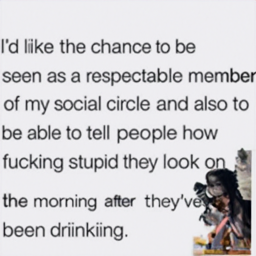  I'd like the chance to be
 seen as a respectable member
 of my social circle and also to
 be able to tell people how
 fucking stupid they look on
 the morning after they've
 been drinking.