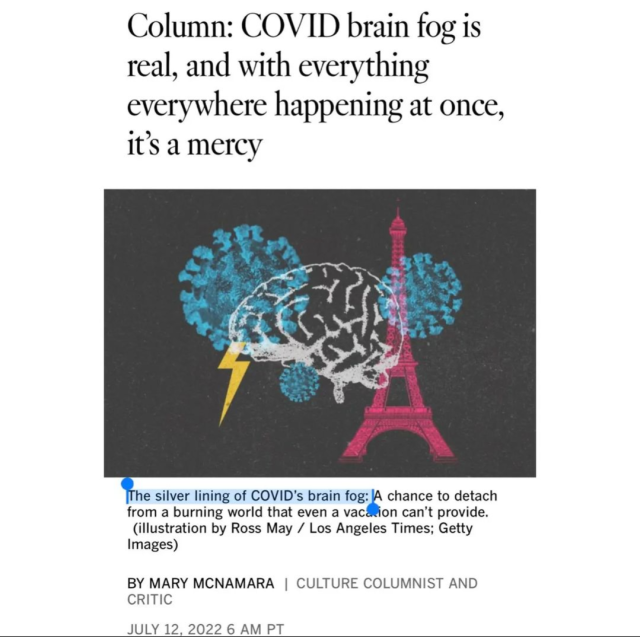 An LA Times headline, reading "Column: COVID brain fog is real, and with everything everywhere happening at once, it’s a mercy ", subheading "The silver lining of COVID’s brain fog: A chance to detach from a burning world that even a vacation can’t provide."