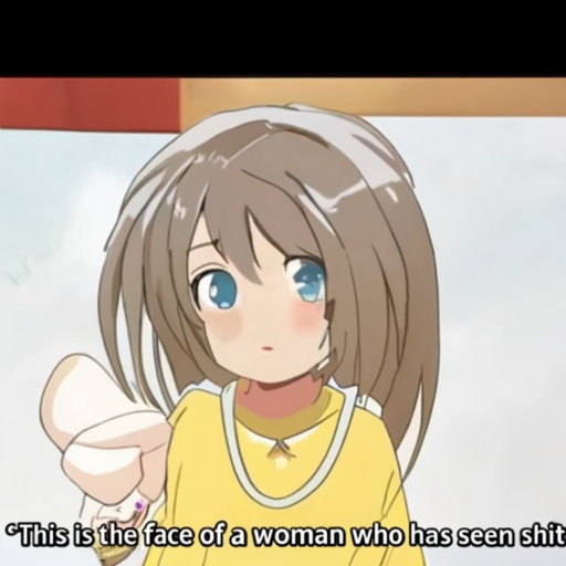 [Description] a screenshot of the anime PERSON's Mommy Blogger. It shows a cute girl with short brown hair, a yellow top, [Text] This is the face of a woman who has seen shit