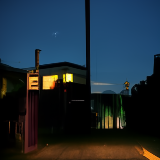 [Description] a nighttime photo of a residential neighborhood with a row of street lamps and a few street lamps on a side street. [Text]