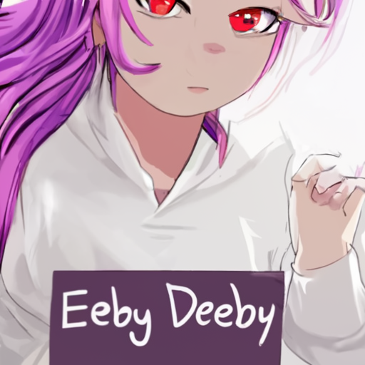[Description] Anime girl with purple hair and a white shirt. She has pink eyes, and is holding a sign with the text ` [Text]Eeby Deeby