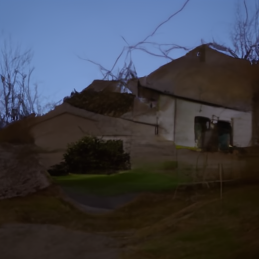 [Description] nighttime shot of abandoned house on the side of a hill with river in the foreground. I took this in the fall, when there was a lot of [Text]