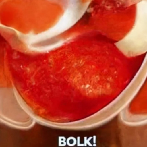 [Description] A picture of a bowl of chili. On the left side of the image is a picture of a hand holding a spoon. On the right side is [Text] BOLK!