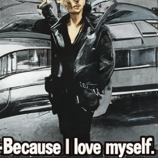 [Description] a vintage magazine ad for PERSON wearing a leather jacket. He's leaning against a car. [Text] Because I love myself.