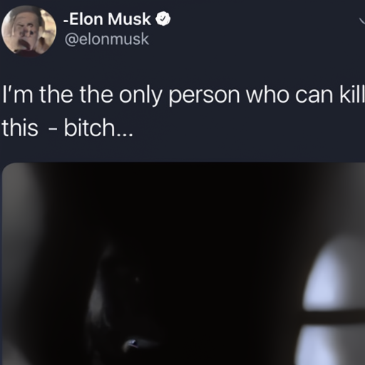 [Description] A tweet mockup image of Elon PERSON. [Text] Elon Musk [newline] @elonmusk [newline]  I'm the the only person who can kill [newline]  this [newline]  bitch...