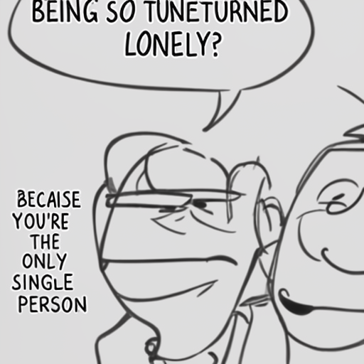 [Description] man drawing cartoon faces smiling at each other, captioned, ` [Text] BEING SO TUNETURNED [newline]  LONELY? [newline]  BECAUSE YOUR [newline]  YOU'RE [newline]  THE [newline]  ONLY [newline]  SINGLE [newline]  PERSON