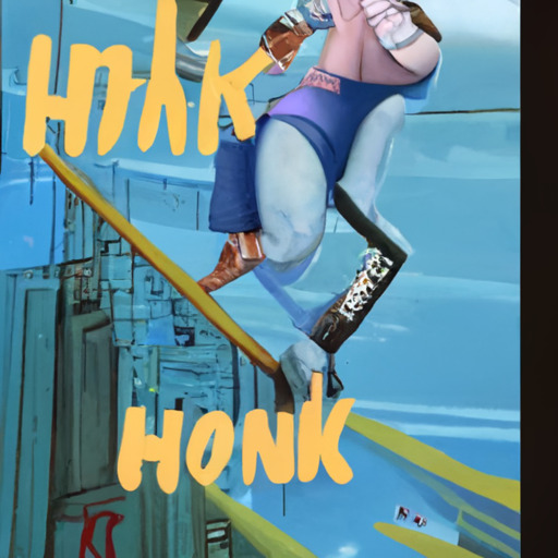 [Description] A woman in a blue dress and yellow boots standing on a ladder and singing into a microphone. She's jumping off the ladder. [Text] HONK [newline]  HONK