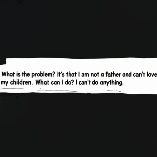 [Description] A text box on a black background, with white text. The text is in German, but I am translating it below. [Text]What is the problem? It's that I am not a father and can't love [newline] my children. What can I do? I can't do anything.