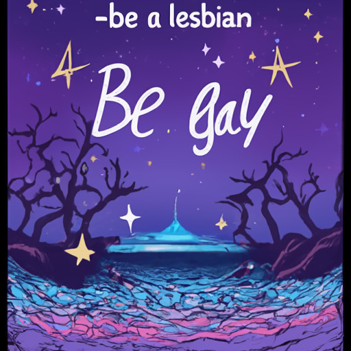 [Description] Poster that says Be Lesbian and Happy with it! printed on a blue background with stars, trees, purple, and water waves on it. Illustration [Text] be a lesbian [newline]  Be gay