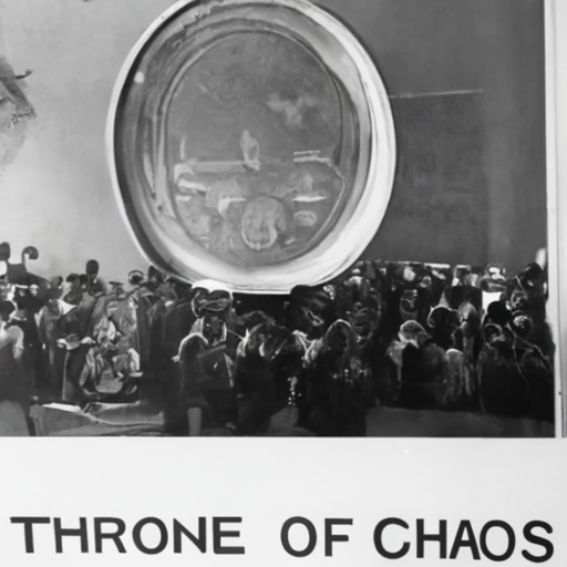 AI generated image.

The AI attempted to produce an image fitting the description:

black and white photo of a crowd of people standing in front of a building with a brass plaque. The plaque is made of a circular metal

The AI also tried to include legible text in the image. The text it tried to write was:

THRONE OF CHAOS