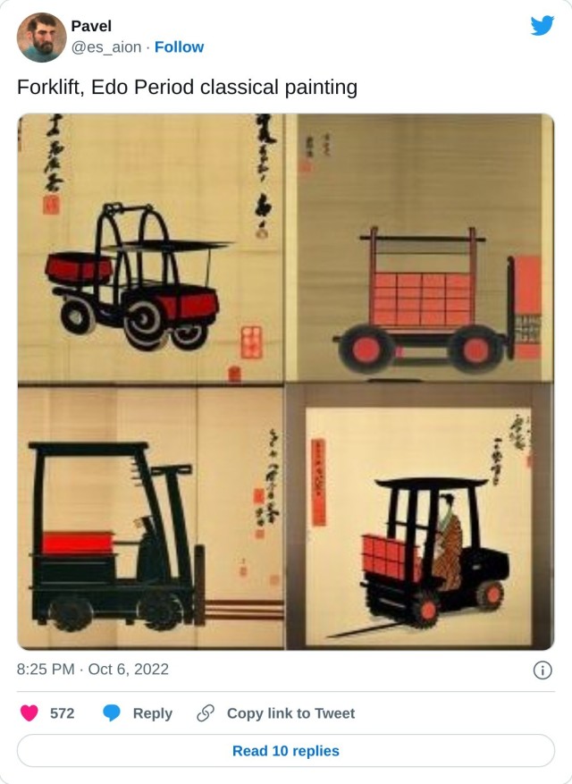 Forklift, Edo Period classical painting pic.twitter.com/zbRAZw5xQm

— Pavel (@es_aion) October 6, 2022