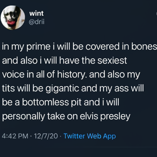 [Description] A tweet from dril titled ` [Text] wint [newline] @dril [newline]  in my prime i will be covered in bones [newline]  and also i will have the sexiest [newline]  voice in all of history. and also my [newline]  tits will be gigantic and my ass will [newline]  be a bottomless pit and i will [newline]  personally take on elvis presley [newline]  4:42 PM 12/7/20 Twitter Web App