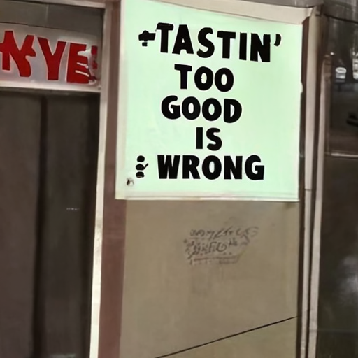 [Description] A sign on a diner's window that says ` [Text] TASTIN' [newline]  TOO [newline]  GOOD [newline]  IS [newline]  WRONG