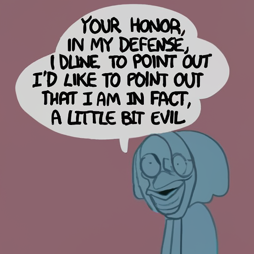 AI generated image.  The AI attempted to produce an image fitting the description:  a cartoon of a person with a speech bubble .  The AI also tried to include legible text in the image. The text it tried to write was:  YOUR HONOR, IN MY DEFENSE, I'D LIKE TO POINT OUT THAT I AM IN FACT, A LITTLE BIT EVIL.