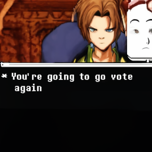[Description] a screenshot of Final Fantasy VIII, with text that says ` [Text] t [newline]  You're going to go vote [newline]  again