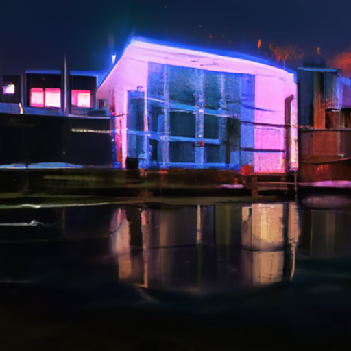 [Description] nighttime shot of a building with neon lights reflecting in the water. [Text]