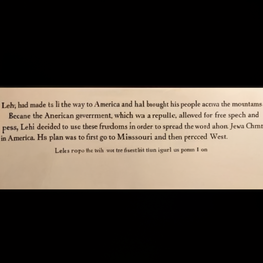 [Description] a text document typed in black on white. The text begins with the title 'Book of Mormon', followed by the first chapter of the book. The [Text]Lehi had made it all the way to America and had brought his people across the mountains. [newline] Because the American government, which was a republic, allowed for free speech and [newline] press, Lehi decided to use these freedoms in order to spread the word about Jesus Christ [newline] in America. His plan was to first go to Missouri and then proceed West. [newline] Lehi