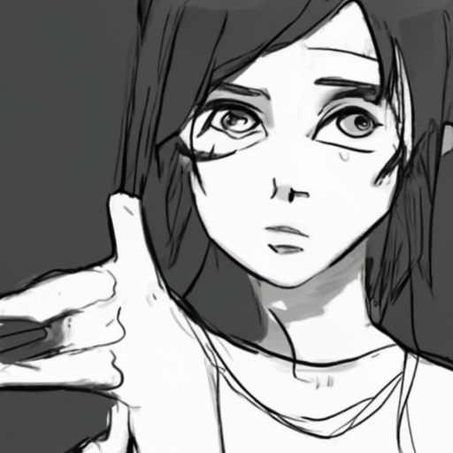 [Description] A sketch of a girl with short, dark hair and black eyes. She has a black shirt and a black vest. She is pointing her right index [Text]