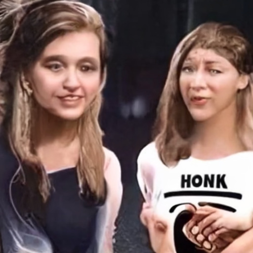 [Description] The clip shows two young women, one with a microphone in her face and the other wearing a black shirt and a white shirt, smiling while standing in [Text] HONK