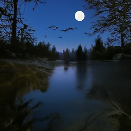 [Description] A river in the woods at night with the moon and trees reflected in the water. [Text]