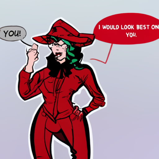 [Description] A cartoon of a woman with her face and body obscured by a large, multicolored hat. She is wearing a red suit and is holding a [Text] WOULD LOOK BEST ON [newline]  YOU!