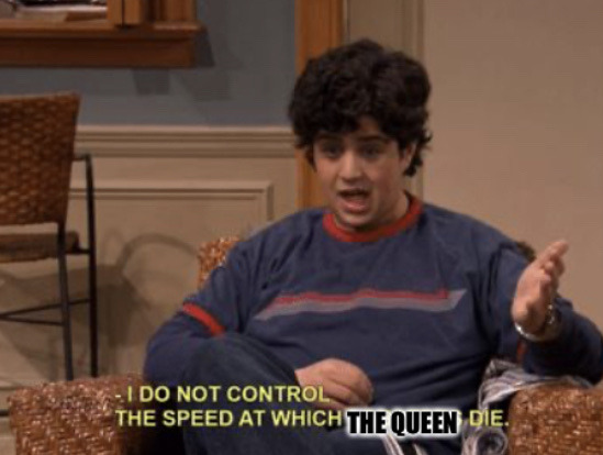 image from drake and josh. josh (pictured sitting in a couch in a blue sweater with a single red and grey stripe) has his hand raised. the text at the bottom reads "i do not control the speed at which the queen die" the words the queen are edited in