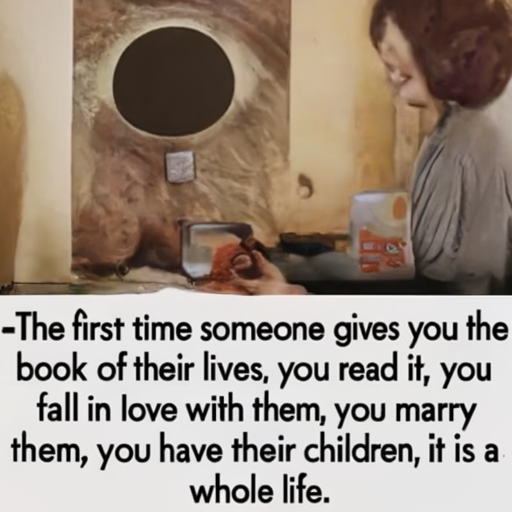 [Description] A woman standing in front of a fireplace with a book in her hands. [Text] The first time someone gives you the [newline]  book of their lives, you read it, you [newline]  fall in love with them, you marry [newline]  them, you have their children, it is a [newline]  whole life.