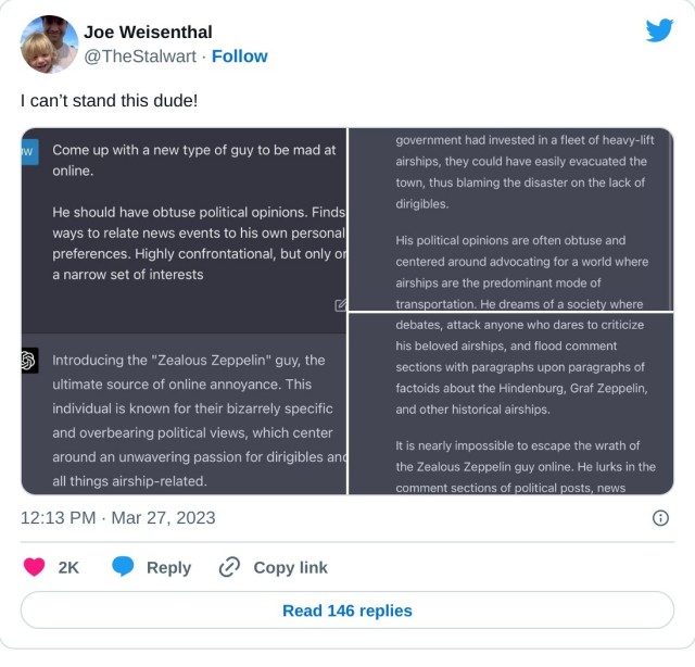 I can’t stand this dude! pic.twitter.com/dFNl9DPS3I

— Joe Weisenthal (@TheStalwart) March 27, 2023