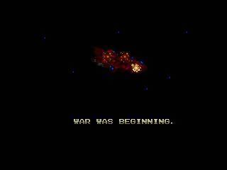 A screenshot from the 1989 video game "Zero Wing." The screen depicts an explosion and the words "War was beginning" 