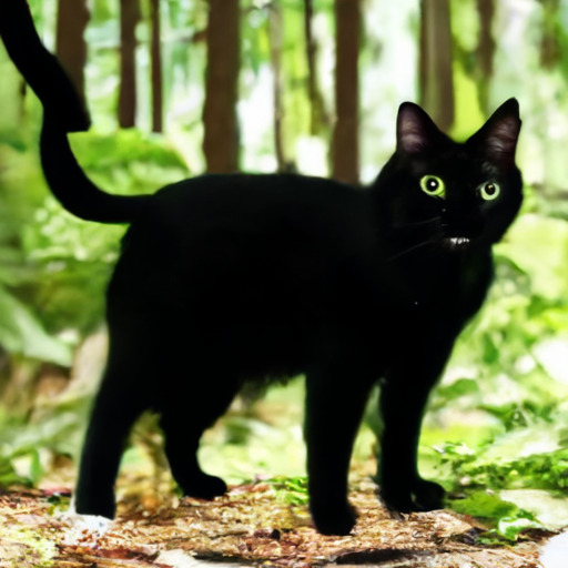[Description] a black cat standing in a forest. [Text]