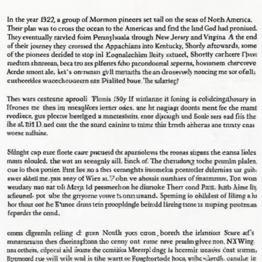 [Description] Text on a page, with a picture of the Book of Mormon in the middle. [Text]In the year 1823, a group of Mormon pioneers set sail on the seas of North America. [newline] Their plan was to cross the ocean to the Americas and find the land God had promised. [newline] They eventually traveled from Pennsylvania through New Jersey and Virginia. At the end [newline] of their journey they crossed the Appalachians into Kentucky. Shortly afterwards, some [newline] of the pioneers decided to stop in Kirtland (a city in Ohio). They had arrived in Ohio [newline] before the Mormons had, but there were Mormons in Ohio, so they decided to go to Ohio and [newline] ask if there were any land or gold for sale. [newline] They found a family by the name of Phelps in Ohio. They told them
