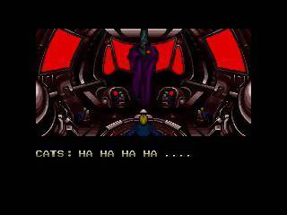 A screenshot from the 1989 video game "Zero Wing." The screen depicts the bridge of a spaceship with a hologram of a man in a purple robe and the words "CATS: HA HA HA HA ...." 