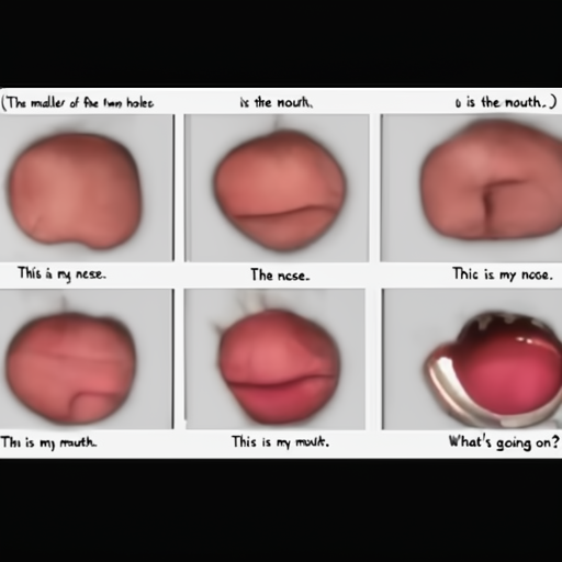 [Description] diagrams of mouth with some dental tools and PERSON standing nearby. The first diagram shows the size of a hole. The second shows the hole [Text](The smaller of the two holes [newline]  is the mouth.) [newline]  This is my nose. [newline]  The nose. [newline]  This is my mouth. [newline]  What's going on?