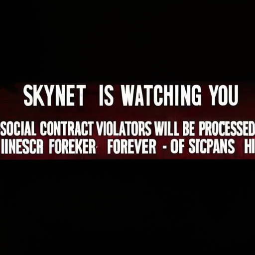 AI generated image.  The AI attempted to produce an image fitting the description:  text on a black screen that says SOCIAL CONTRACT VIOLATORS WILL BE DESTROYED FOREVER.  The AI also tried to include legible text in the image. The text it tried to write was:  SKYNET IS WATCHING YOU SOCIAL CONTRACT VIOLATORS WILL BE PROCESSED FOREVER