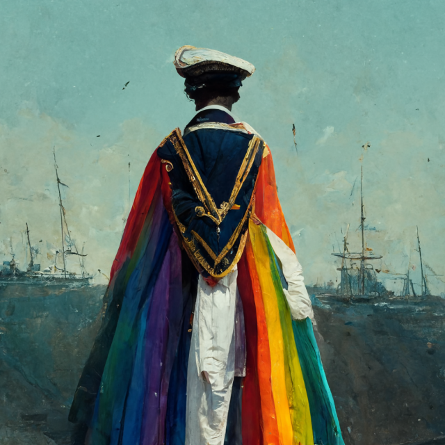 A neural network generated image in an oil painting style of a naval officer facing away from the viewer, wearing a naval uniform that begins with a triangular navy blue thing framed with gold lace before flowing out into a rainbow cloak