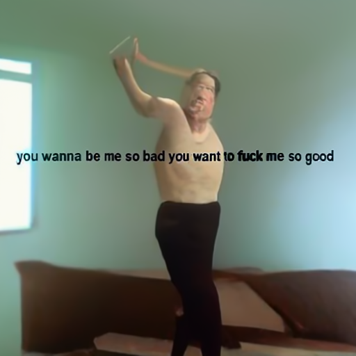 [Description] A photo of a man dancing with the text, ` [Text] you wanna be me so bad you want to fuck me so good