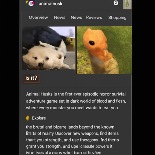 [Description] screenshot of Google Play store with a screenshot of Animal Husks on the screen with ` [Text] G [newline]  animalhusk [newline]  Overview News Reviews Shopping [newline]  What [newline]  is it? [newline]  Animal Husks is the first-ever episodic horror survival [newline]  adventure game set in a dark world of blood and flesh, [newline]  where every monster you meet wants to eat you. [newline]  Explore [newline]  the brutal and bizarre lands beyond the known [newline]  limits of reality. Discover new weapons, find items [newline]  that [newline]  grant you strength, and use these powers to [newline]  survive. [newline]  Explore the [newline]  horrors beyond [newline]  your world... [newline]  or die trying. [newline]  Download Animal Husks: [newline]  Episode 1 [newline]  Animal Husks