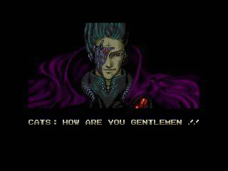 A screenshot from the 1989 video game "Zero Wing." The screen depicts a cyborg man in a purple robe and the words "CATS: HOW ARE YOU GENTLEMAN ! !" 