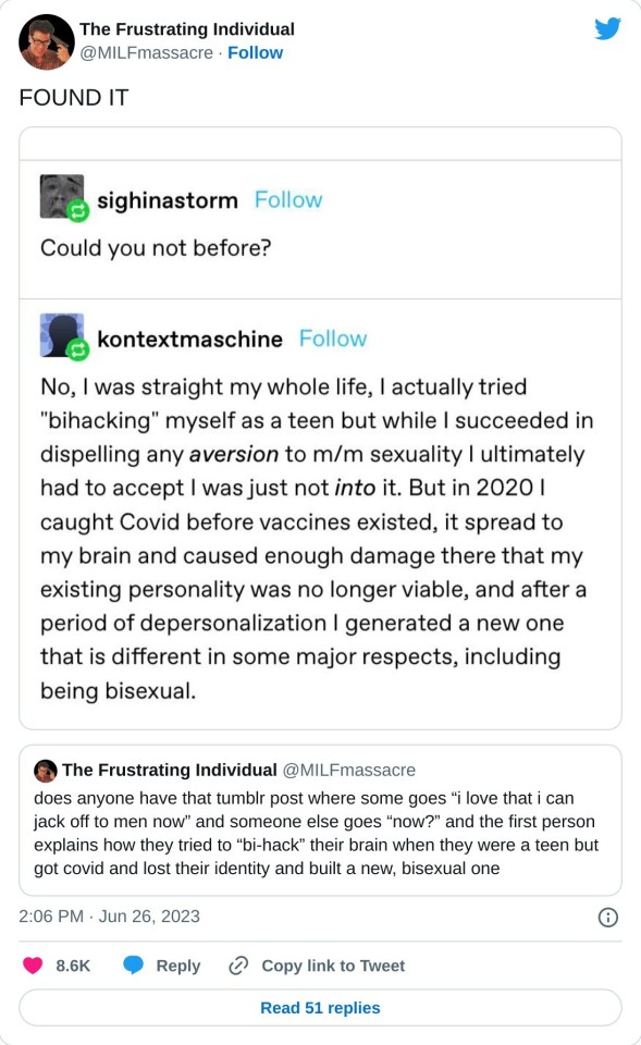 FOUND IT https://t.co/CN52AFFwJd pic.twitter.com/BA3HTpUZbN

— The Frustrating Individual (@MILFmassacre) June 26, 2023