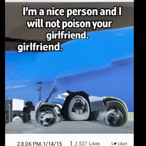 [Description] a truck with a ` [Text] I'm a nice person and I [newline]  will not poison your [newline]  girlfriend. [newline]  11:01 PM.1/14/15 Twitter Web Client [newline]  2.836 Retweets 1,527 Likes