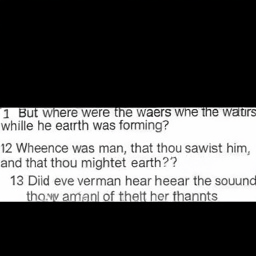  11 But where were the waters
 while the earth was forming?
 12 Whence was man, that thou sawest him,
 and that thou mightest set
 the foundations of the earth?
 13 Did ever man hear the sound
 of