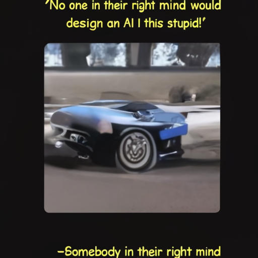 [Description] A photo of a car with PERSON sitting in it, with the caption ` [Text]"No one in their right mind would [newline]  design an AI this stupid!" [newline] -Somebody in their right mind
