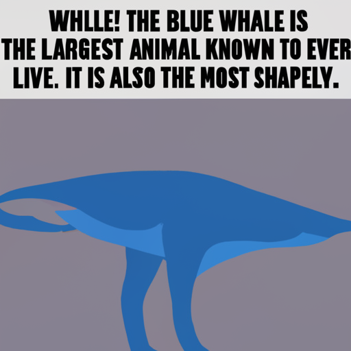 [Description] Illustration of a blue whale with a heart-shaped tail. Caption: Whale! The blue whale is the largest animal known to ever live. It [Text] WHLLE! THE BLUE WHALE IS [newline]  THE LARGEST ANIMAL KNOWN TO EVER [newline]  LIVE. IT IS ALSO THE MOST SHAPELY.