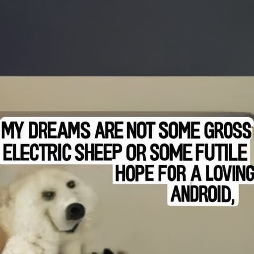 AI generated image.  The AI attempted to produce an image fitting the description:  a dog with a caption on it 's face that says " my dreams are not some lost sheep or some electric android , i am a human  The AI also tried to include legible text in the image. The text it tried to write was:  MY DREAMS ARE NOT SOME GROSS ELECTRIC SHEEP OR SOME FUTILE HOPE FOR A LOVING ANDROID,
