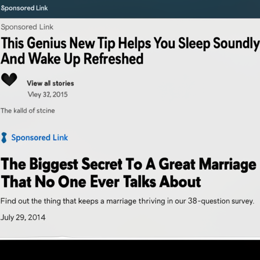 AI generated image.

The AI attempted to produce an image fitting the description:

screenshot of HuffPost Health homepage, with a story headline `

The AI also tried to include legible text in the image. The text it tried to write was:

Sponsored Link
This Genius New Tip Helps You Sleep Soundly
And Wake Up Refreshed
May 3, 2015
View all stories
Sponsored Link
The Biggest Secret To A Great Marriage
That No One Ever Talks About
Find out the thing that keeps a marriage thriving in our 38-question survey.
July 29, 2014