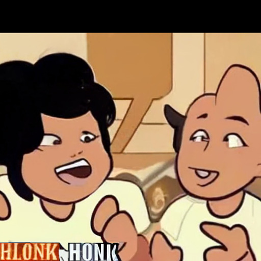 [Description] A cartoon clip of a man and a woman smiling and laughing while eating lunch together. They are both holding hands and are standing in front of a kitchen [Text] HONK HONK