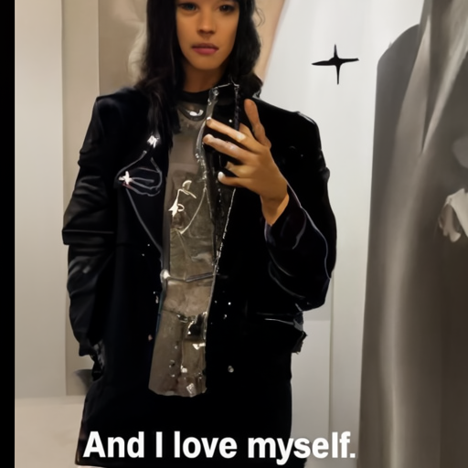[Description] A black leather jacket with a silver buckle and a star on the back of it. PERSON is holding it up and posing in a mirror [Text] And I love myself.