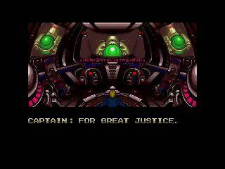A screenshot from the 1989 video game "Zero Wing." The screen depicts the bridge of a spaceship fully lit up with ships out the window and the words "CAPTAIN: FOR GREAT JUSTICE." 