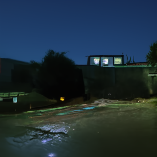 [Description] night view of abandoned hotel with a river in the background. [Text]